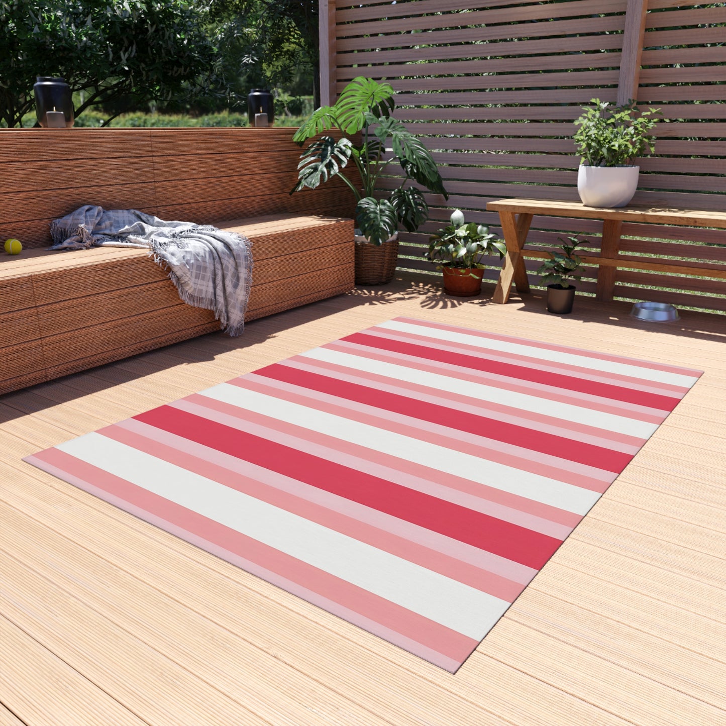 Pink White Striped Outdoor/Indoor Rug | Patio Mat, Red and Blush Stripes