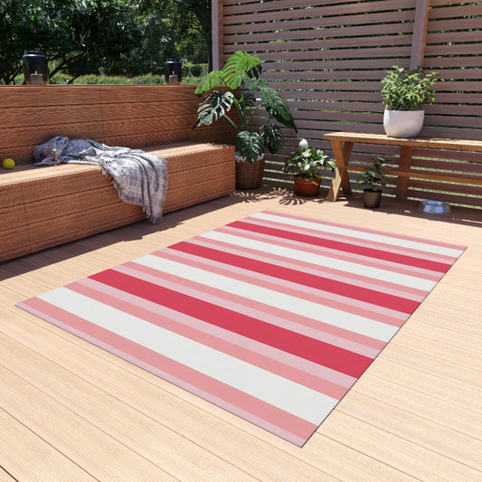 Pink White Striped Outdoor/Indoor Rug | Patio Mat, Red and Blush Stripes