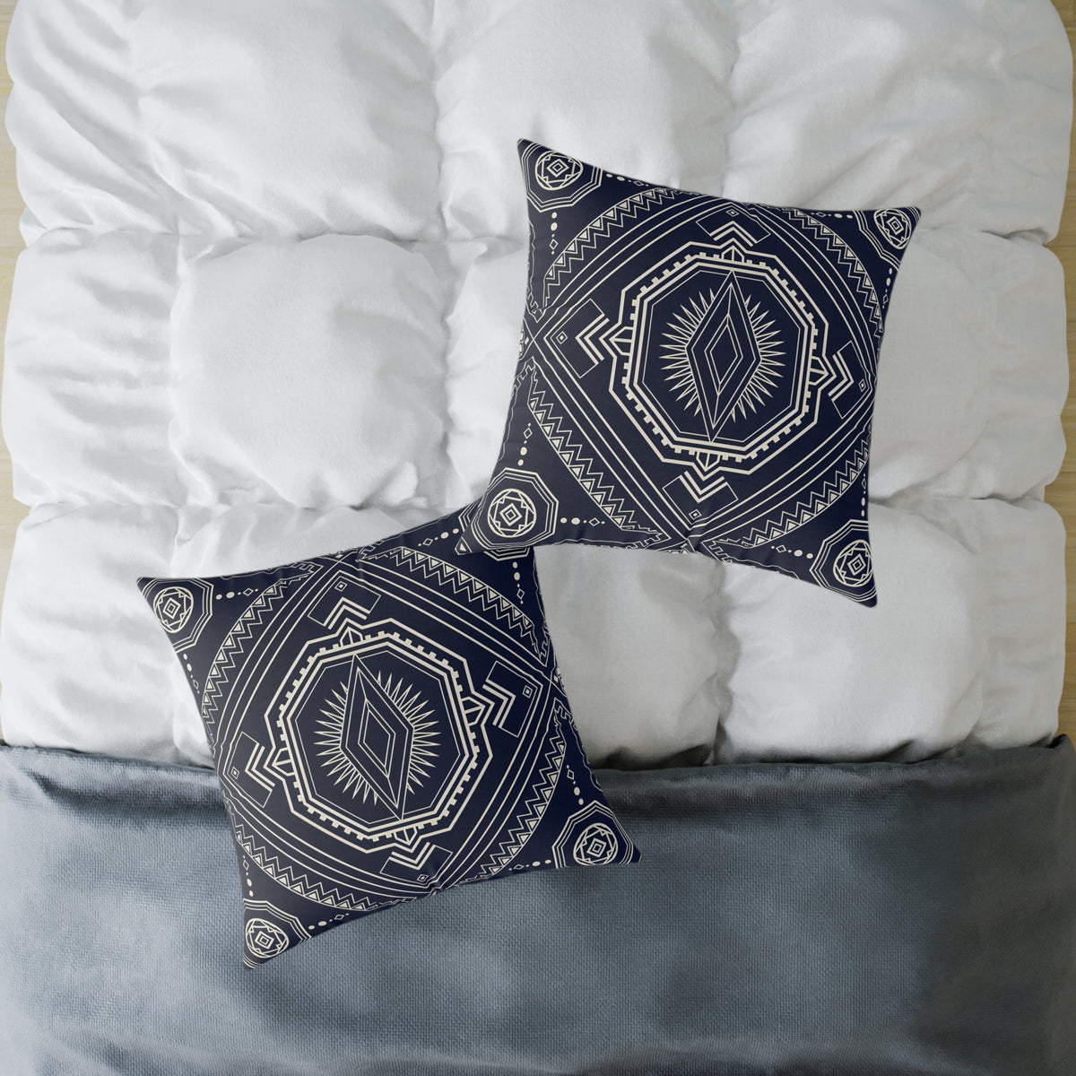 Navy Aztec Mandala Square Pillow | Geometric Boho Throw Pillow