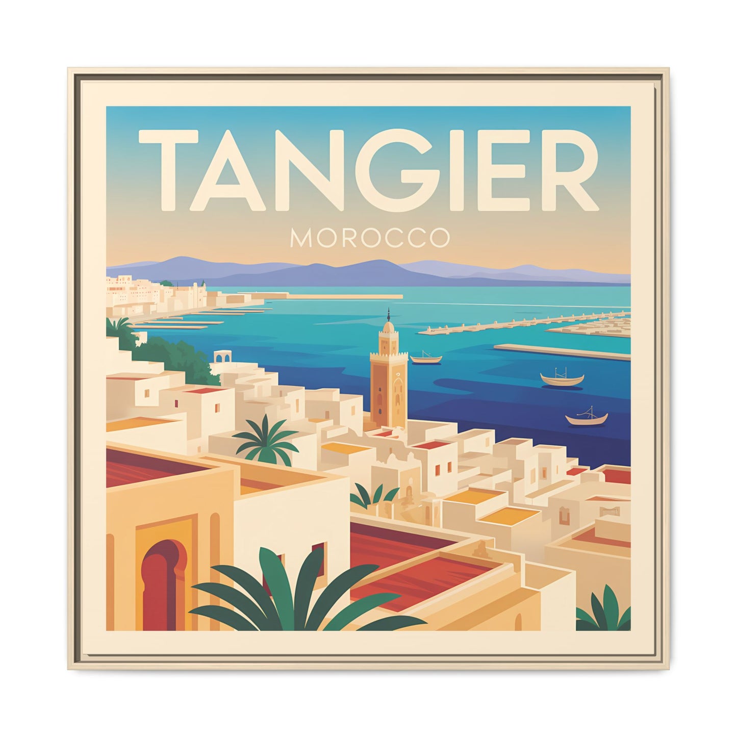 Tangier Morocco Travel Framed Wall Art Matte Canvas | Vintage Style Coastal Wall Art