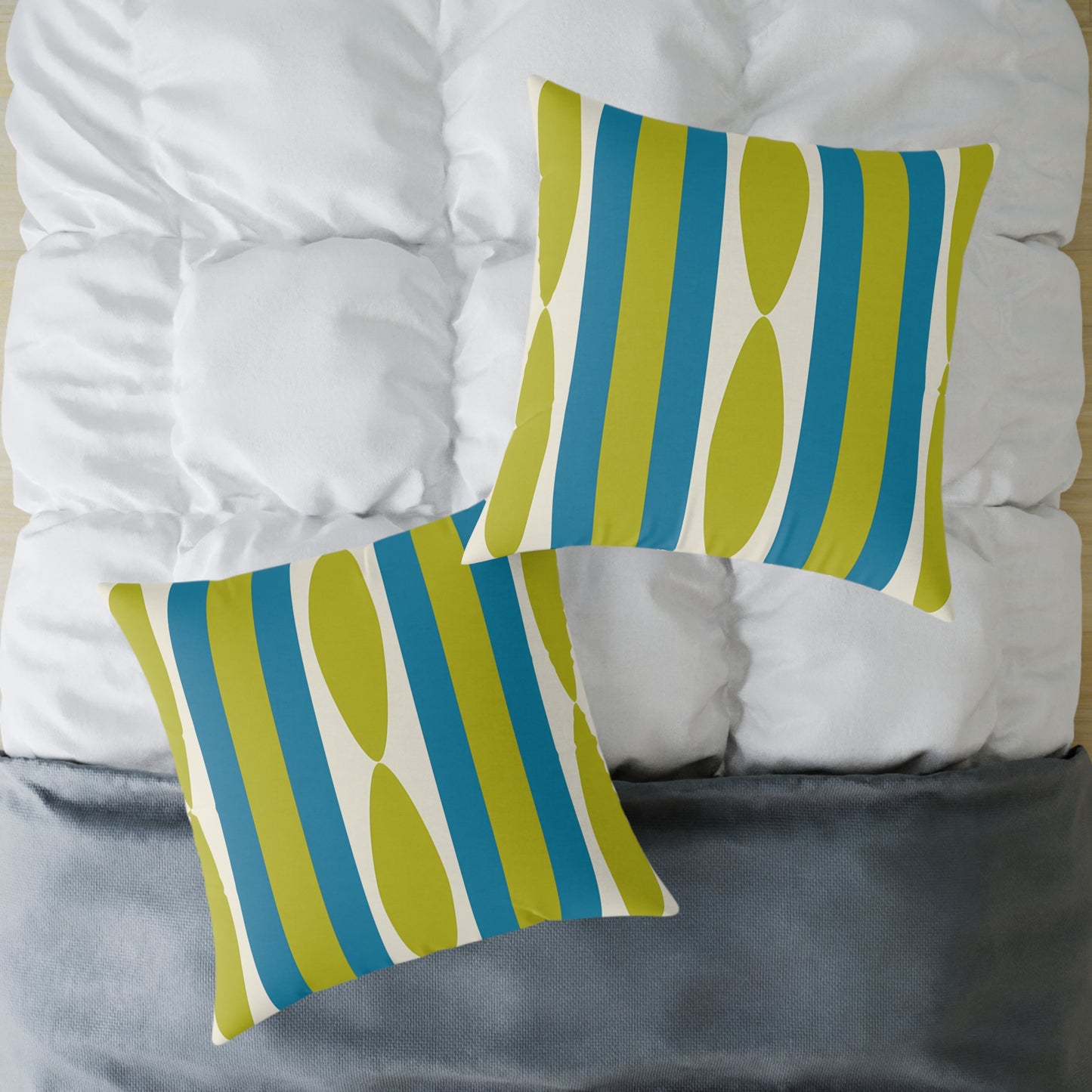 Mid Century Modern Stripe Pillow | Green and Cerulean Blue Geometric Retro Pattern