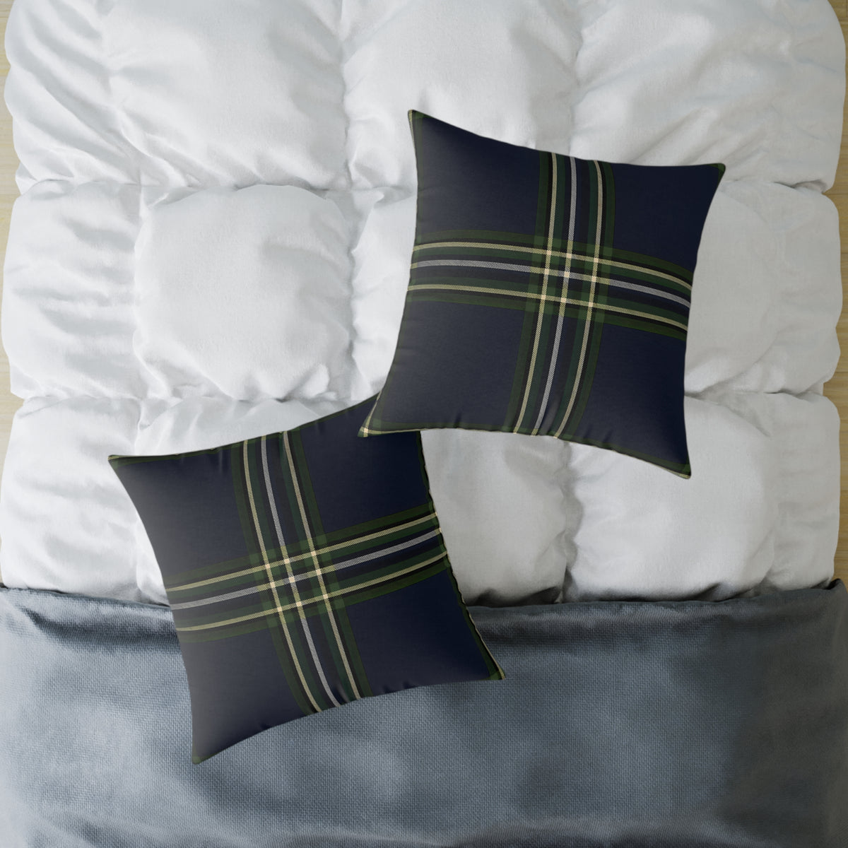Green Navy Black Beige White Plaid Throw Pillow | Square Poly Canvas Pillow
