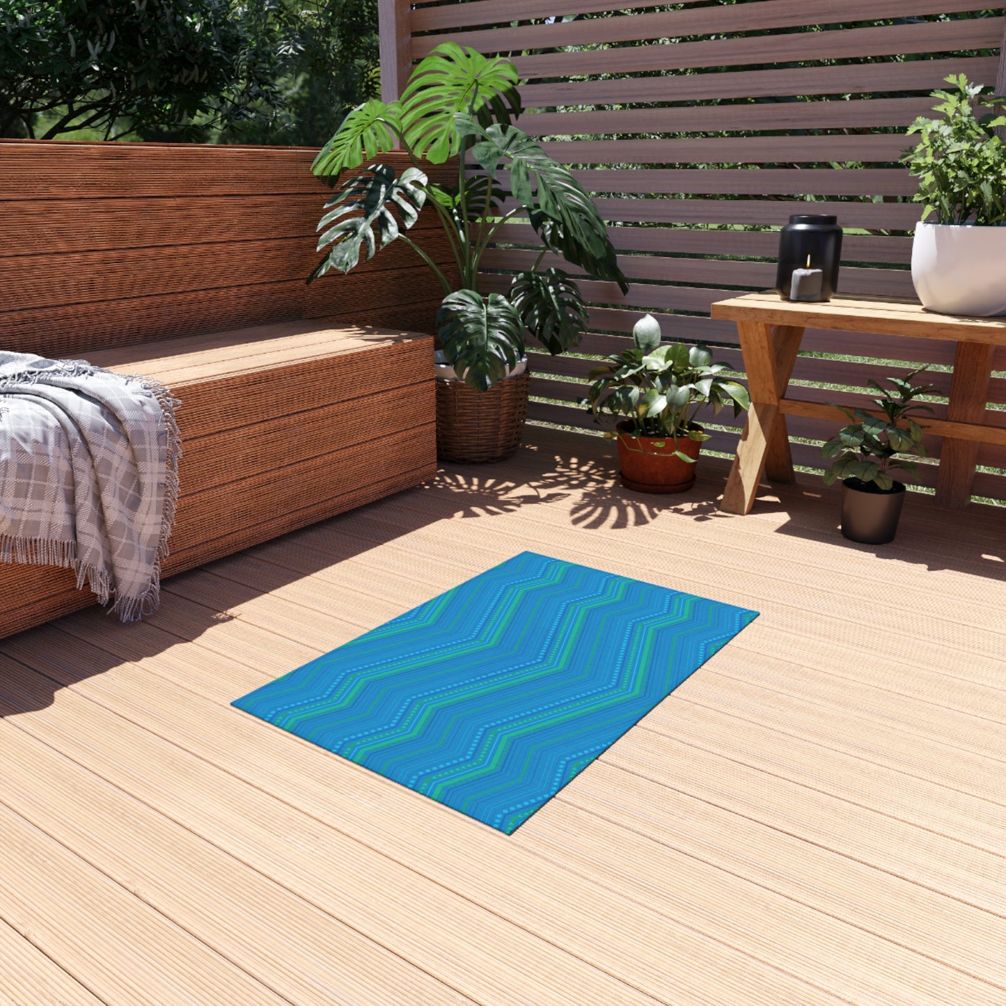 Blue Green Chevron Pattern Outdoor/Indoor Rug | Striped Zigzag Patio Mat