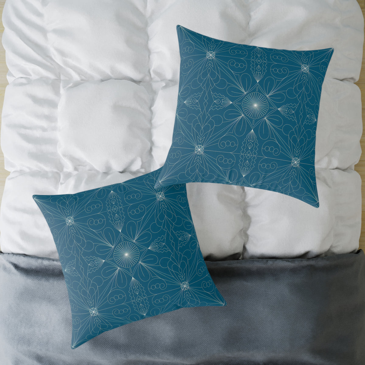 Teal Geometric Mandala Square Poly Canvas Pillow | Floral Star Pattern