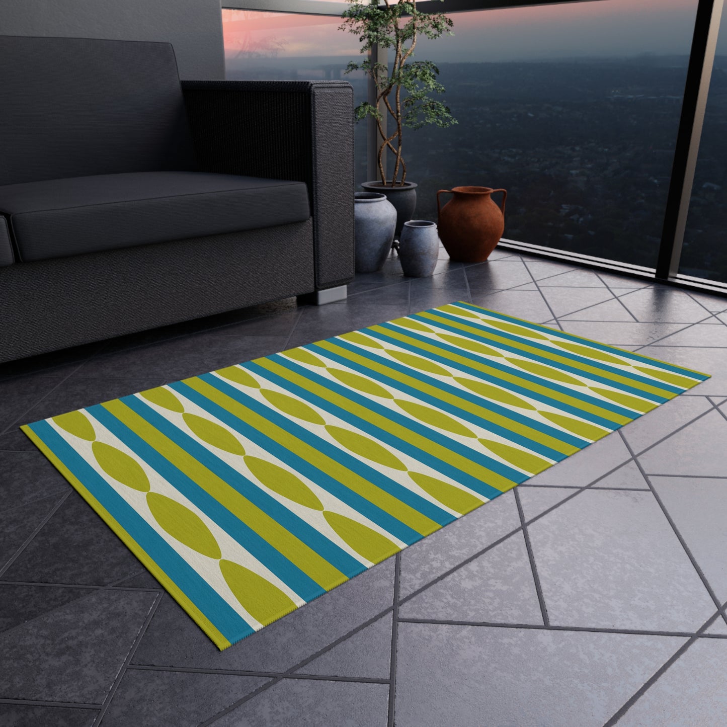 Midcentury Leaf Stripe Outdoor Rug | Patio Mat, Green Blue Linear Pattern