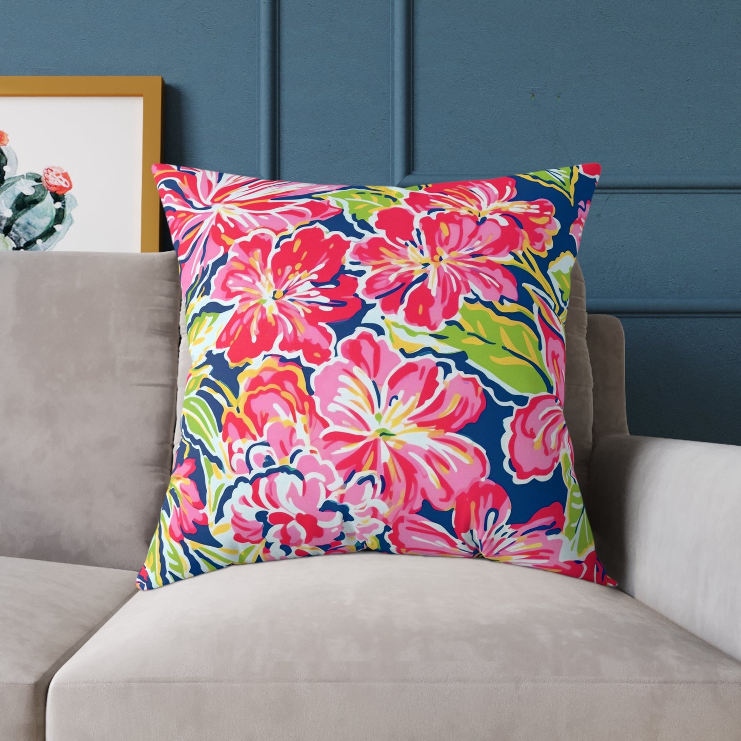 Pink Red Green Blue Tropical Hibiscus Floral Pillow | Square Poly Canvas Pillow