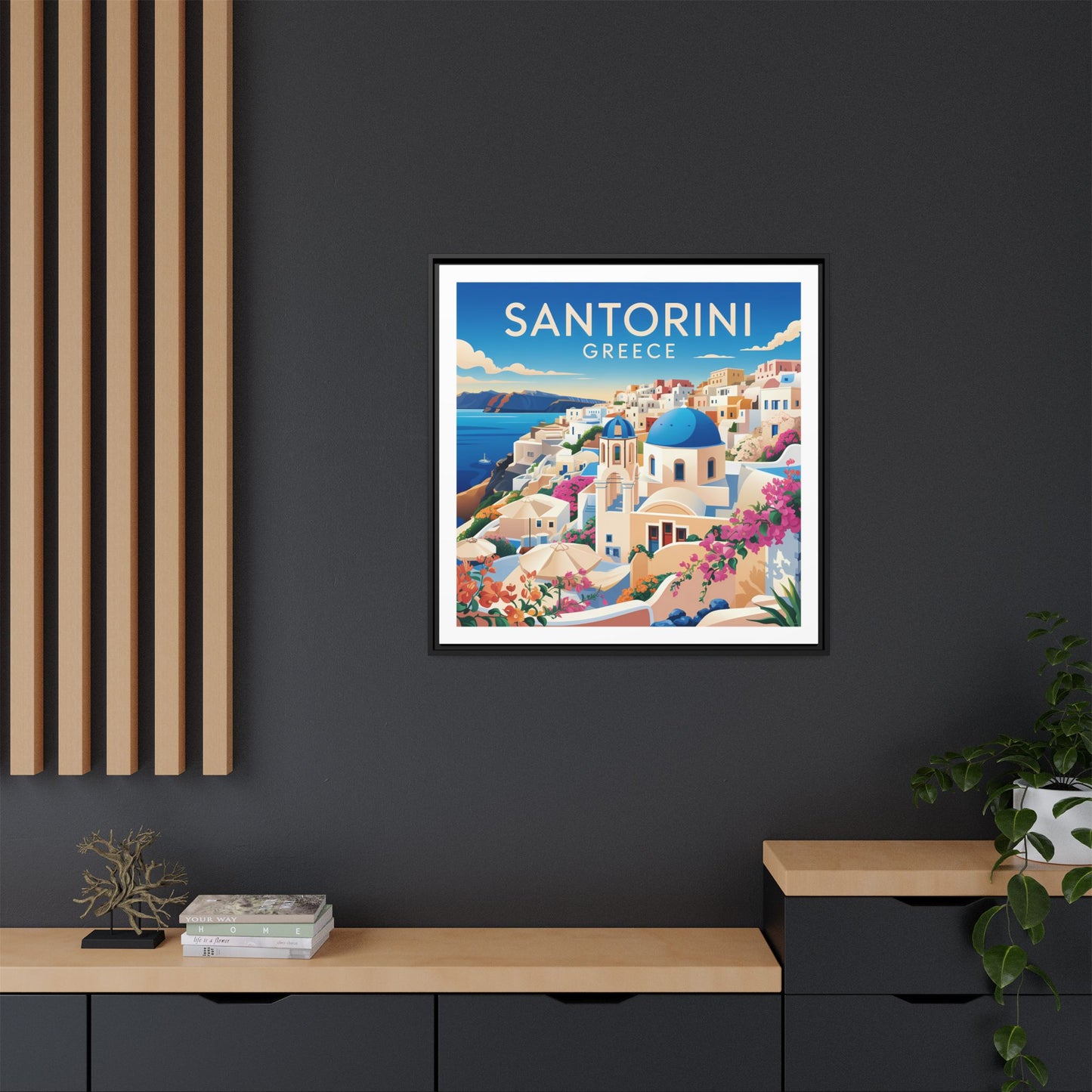 Santorini Greece Travel Art Matte Canvas Framed Wall Art
