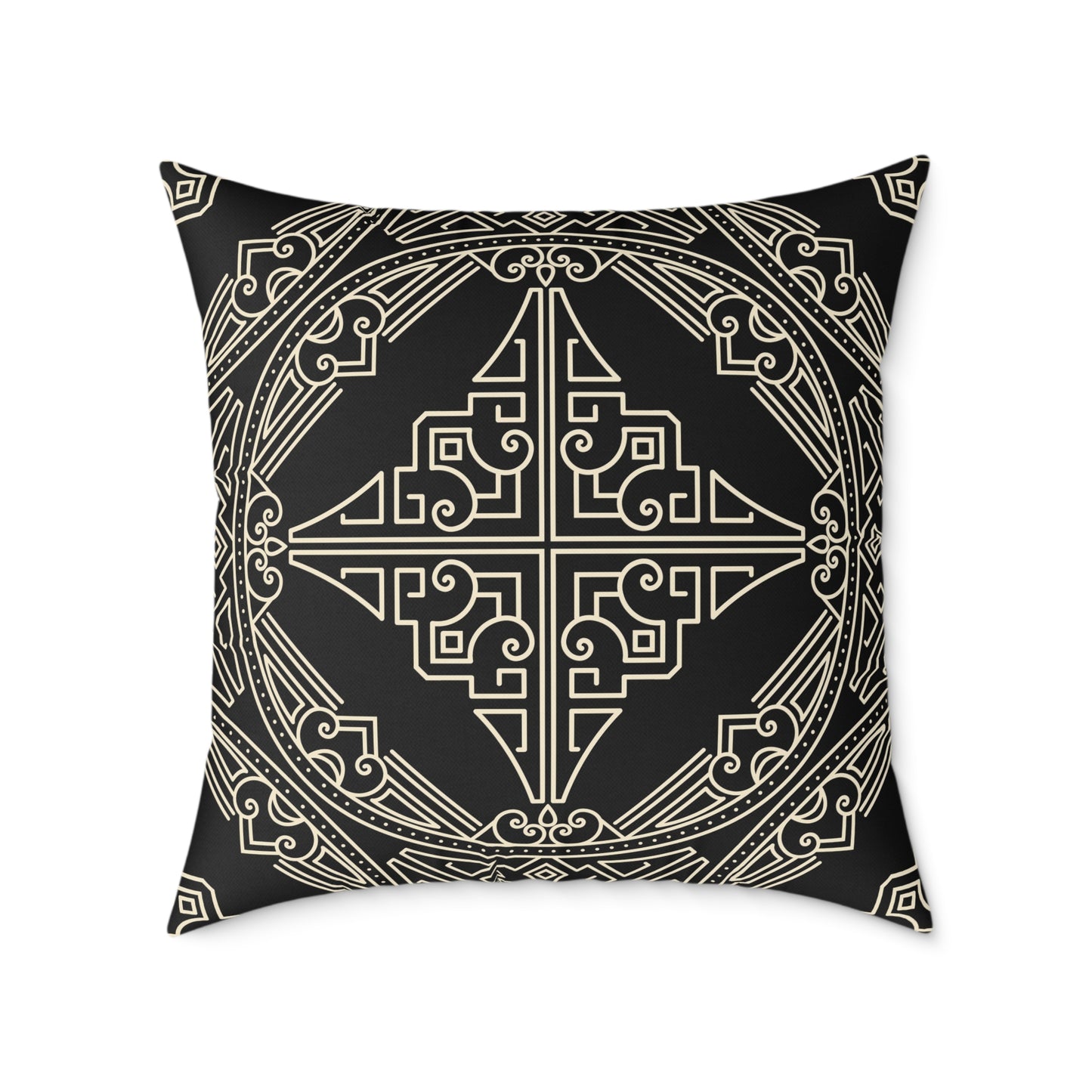 Black and Off-White Geometric Celtic Knot Square Pillow | Poly Canvas Throw Pillow