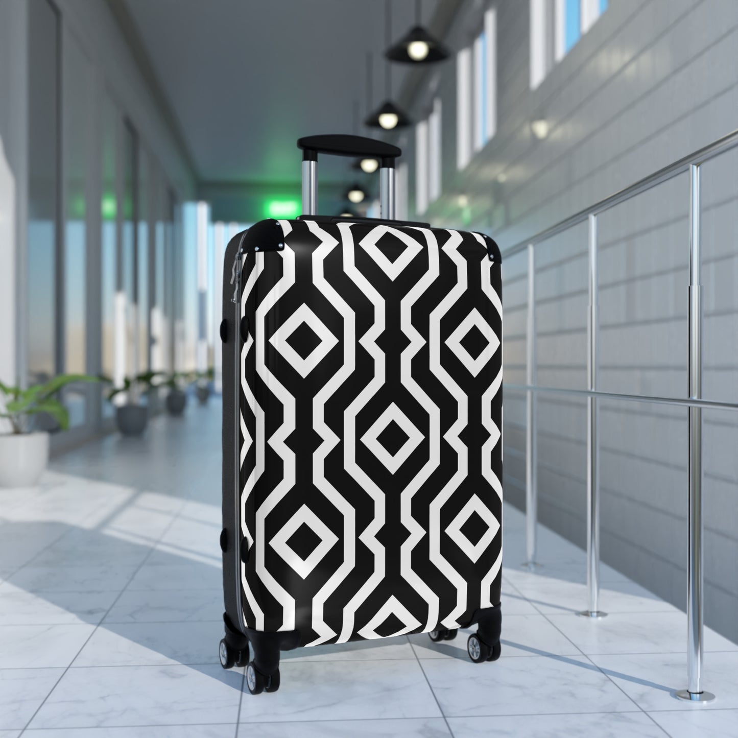 Black White Geometric Pattern Suitcase | Modern Diamond Luggage