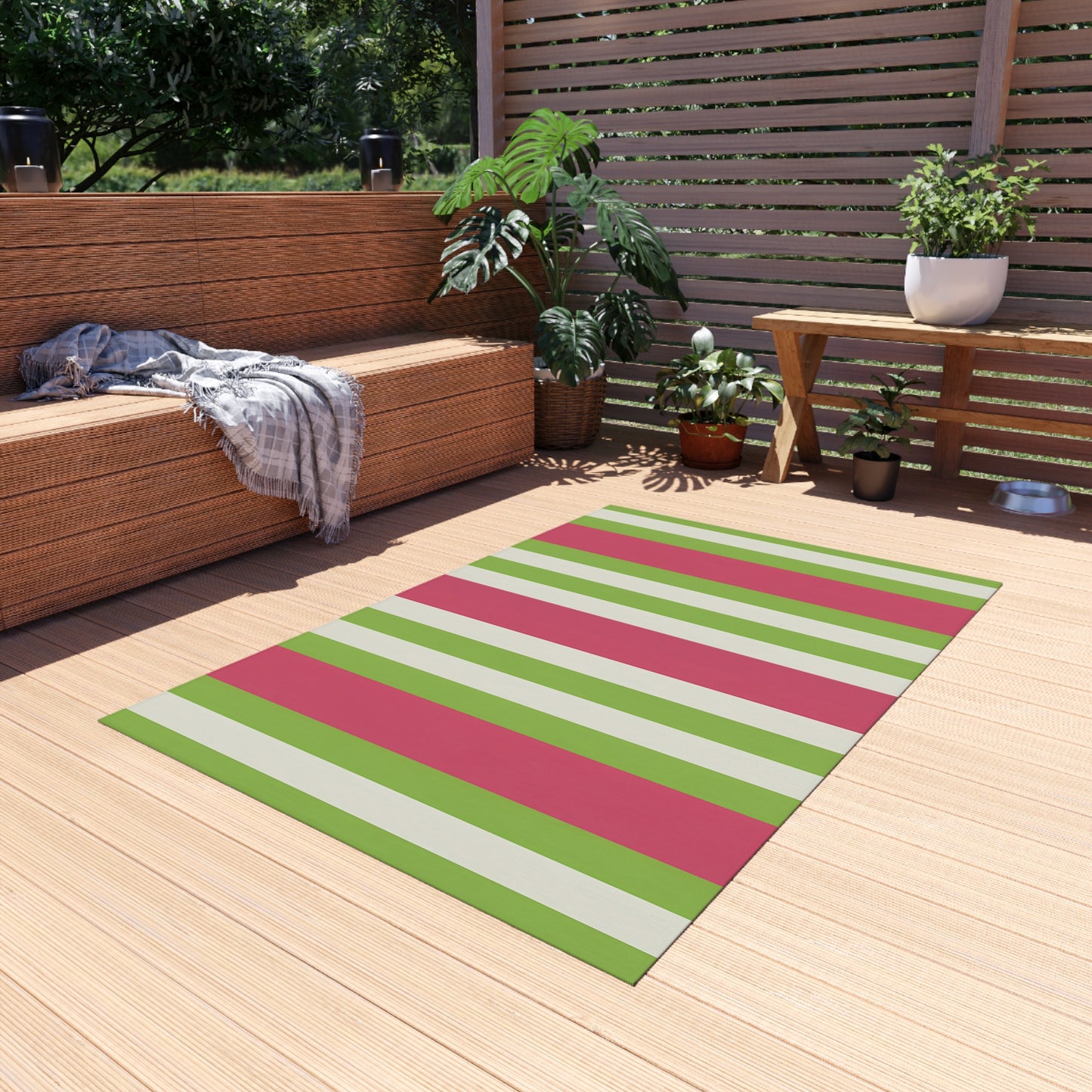 Watermelon Pink and Green Striped Outdoor Rug | Patio Mat