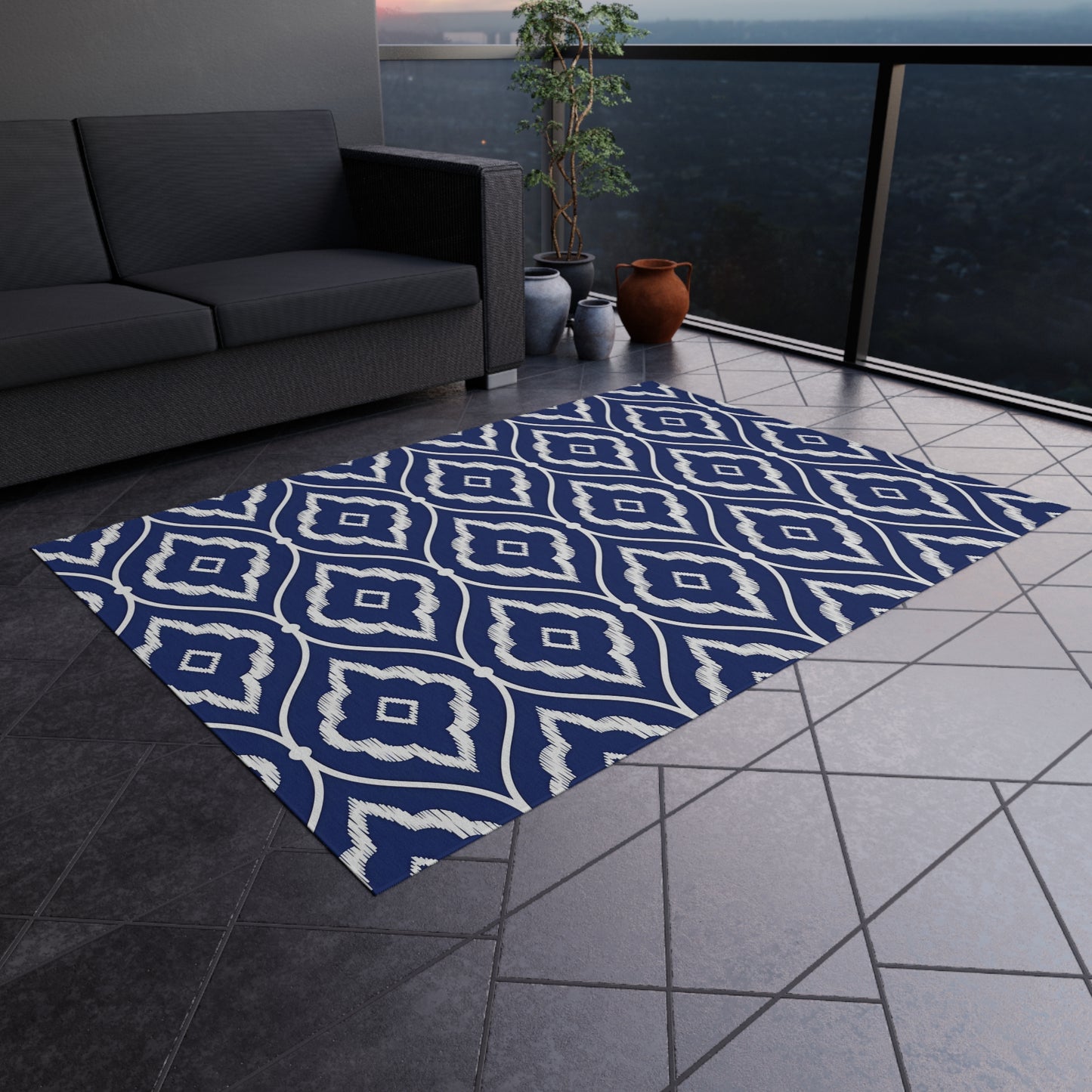Navy White Ikat Geometric Outdoor/Indoor Rug | Patio Mat