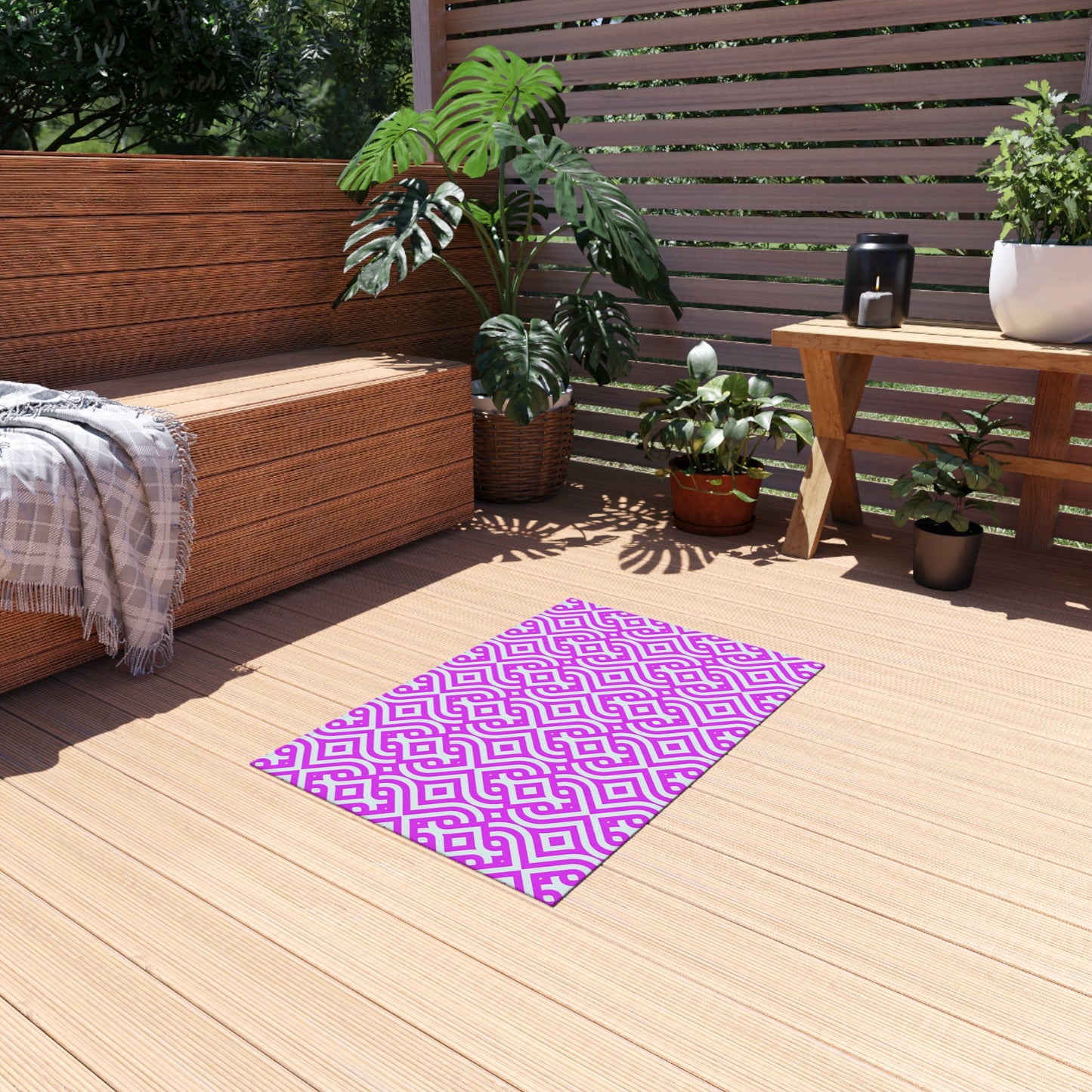 Geometric Moroccan Tile Outdoor/Indoor Rug | Magenta Pink White Patterned Patio Mat