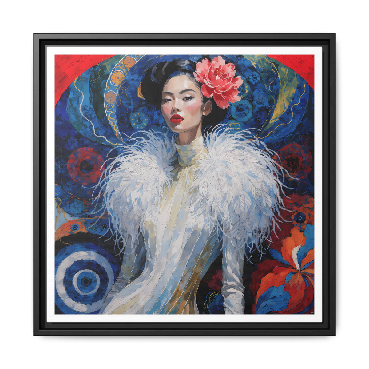 Floral Portrait  Asian Woman Matte Canvas Framed | Colorful Modern Wall Art