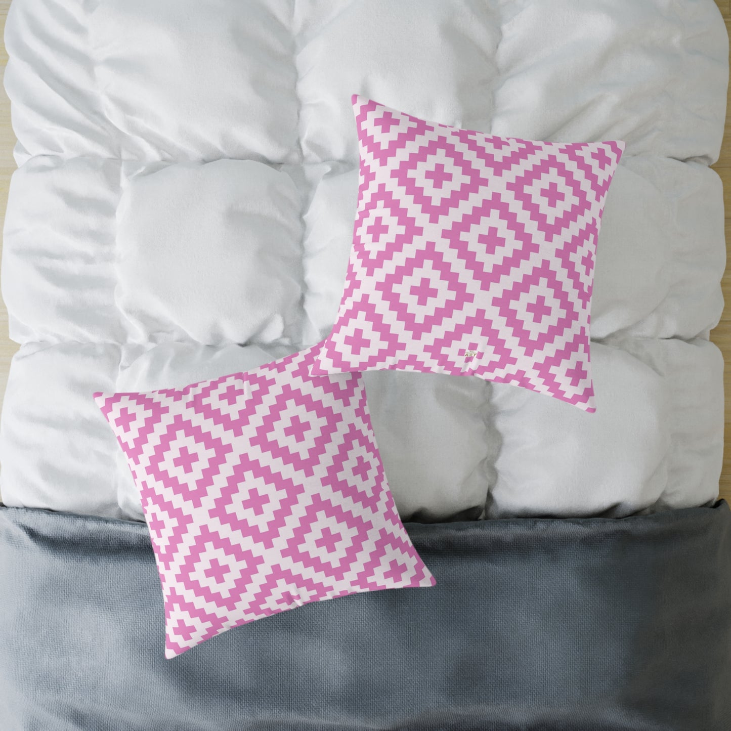 Pink White Geometric Boho Native American Diamond Pattern Pillow | Square Accent Cushion