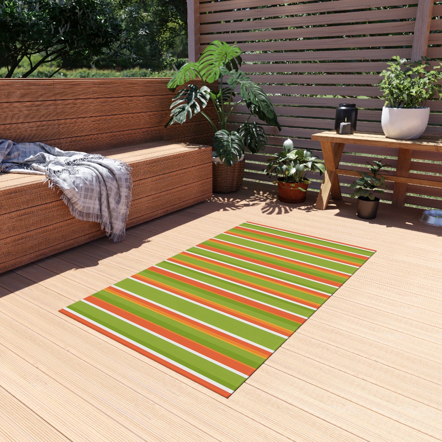Bright Orange Green Striped Outdoor/Indoor Rug