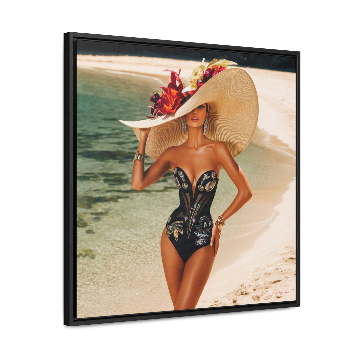 Square Frame Canvas Wall Art, Exotic Woman on Beach in Swimsuit, Retro Glamorous Decor, Gallery Prints, Sunhat Photography, Fine Art Home