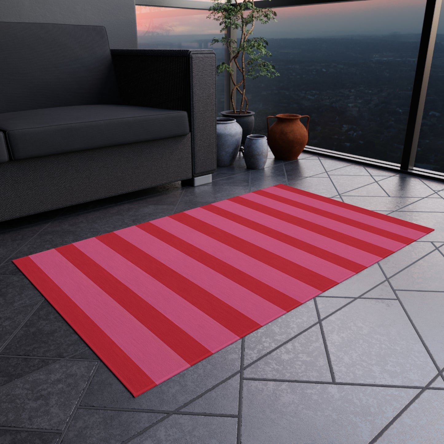 Bold Pink Red Striped Outdoor/Indoor Rug | Waterproof Patio Mat