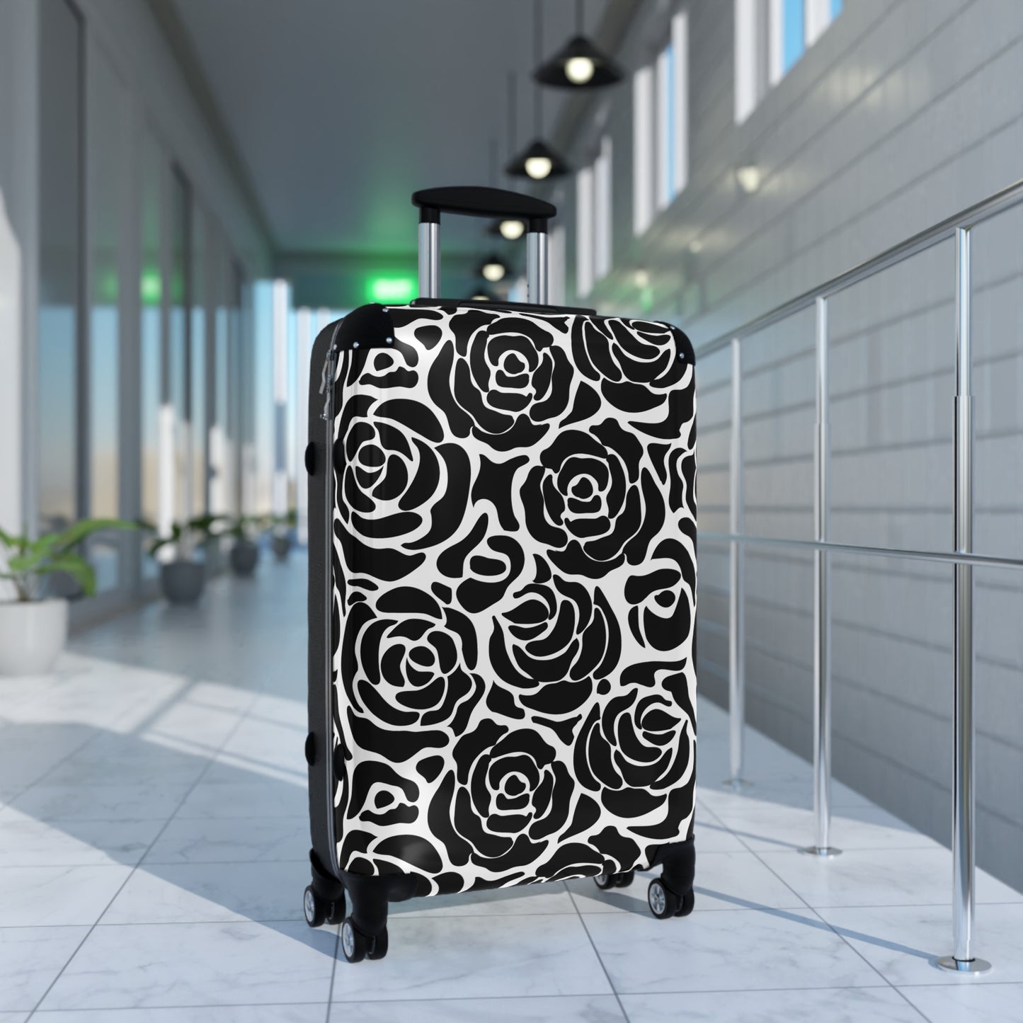Black White Rose Pattern Suitcase | Floral Luggage