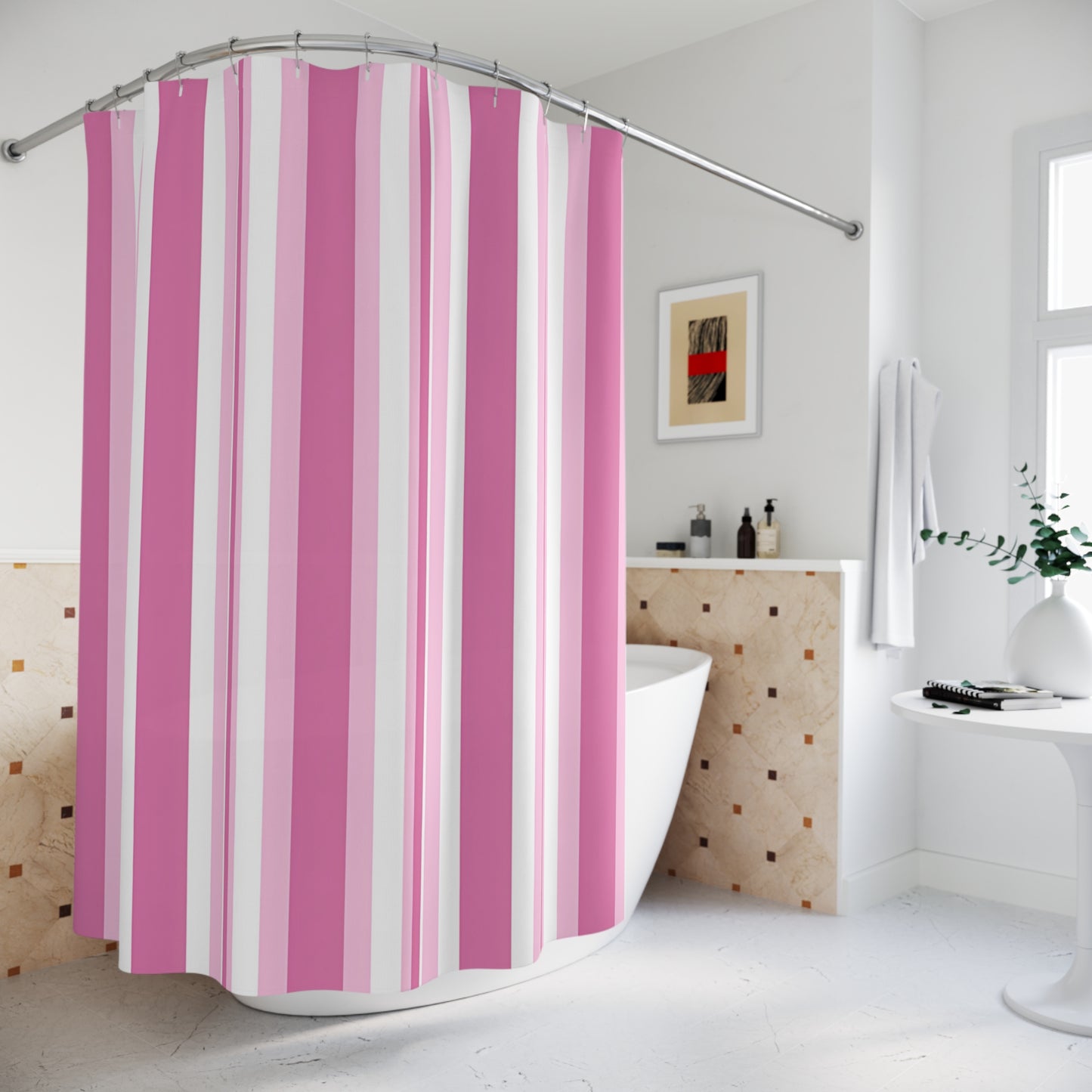 Pink Vertical Stripe Shower Curtain | Pink White Striped Bathroom Curtain