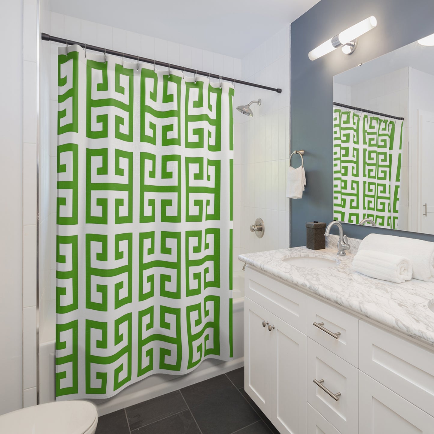 Green White Greek Key Pattern Shower Curtain | Geometric Bathroom Decor