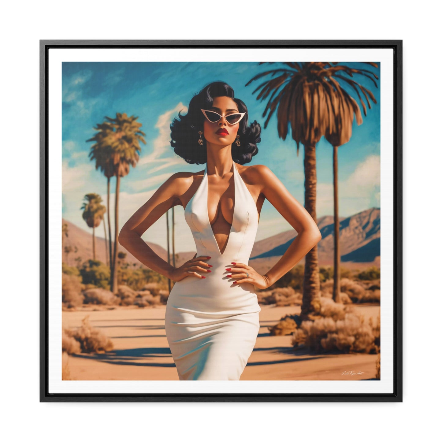 Square Frame Canvas Wall Art, Retro Glamorous Woman in Palm Springs Desert, Square Frame Wall Decor, Gallery Canvas Wraps, Palm Trees Art