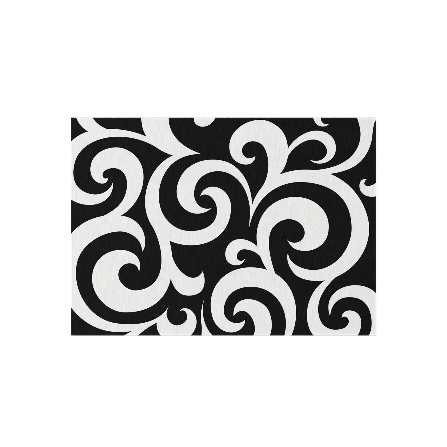 Black White Swirl Pattern Outdoor Rug | Modern Scroll Patio Mat