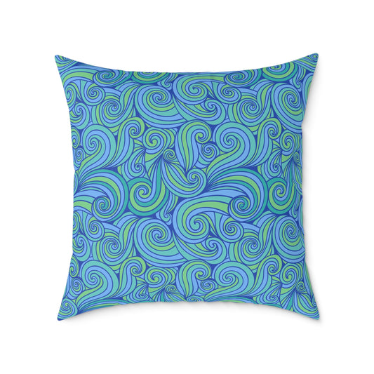 Blue Green Swirl Pattern Pillow | Square Poly Canvas Pillow