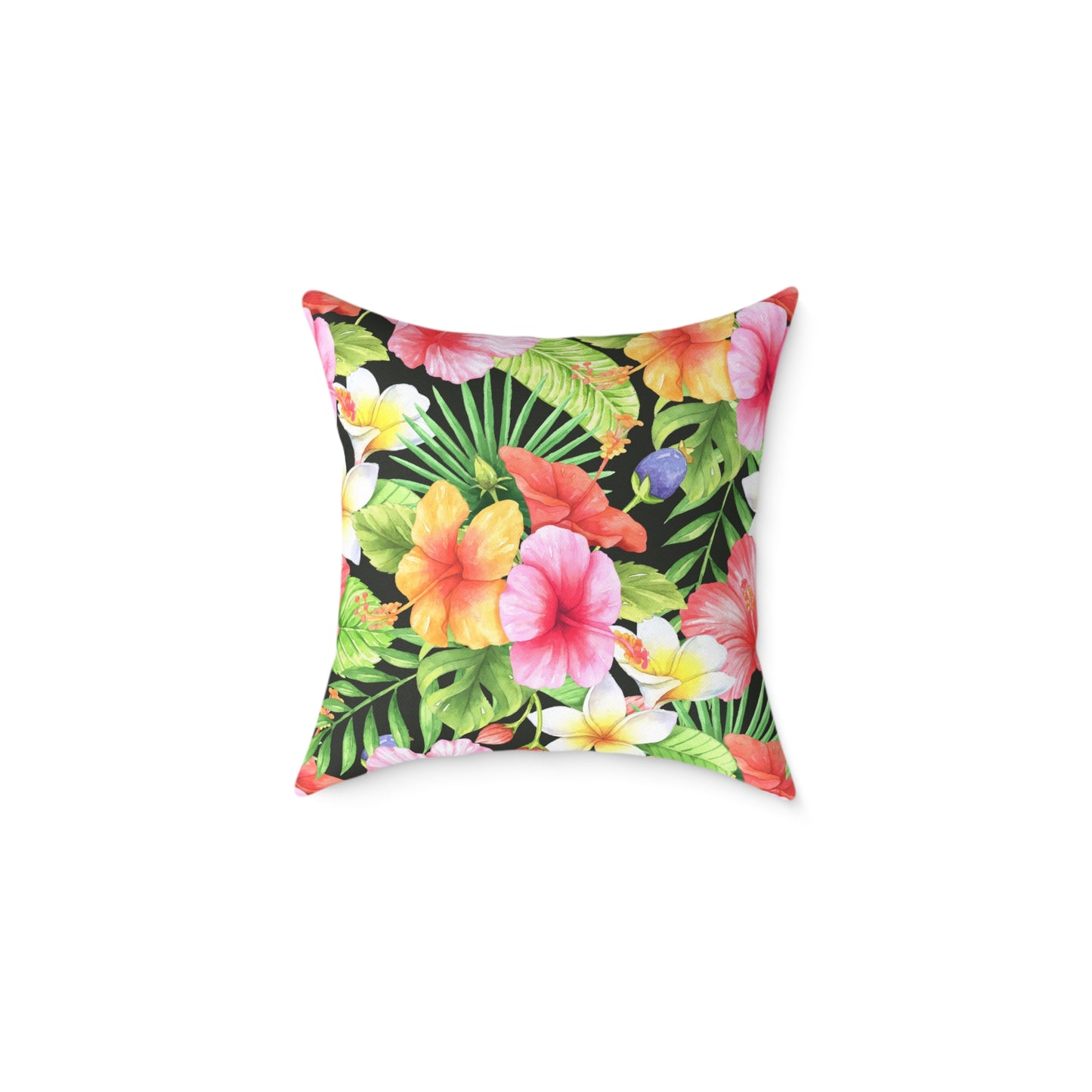 Tropical Pink Yellow Green Hibiscus Floral Square Pillow | Hawaiian Leaves Pattern