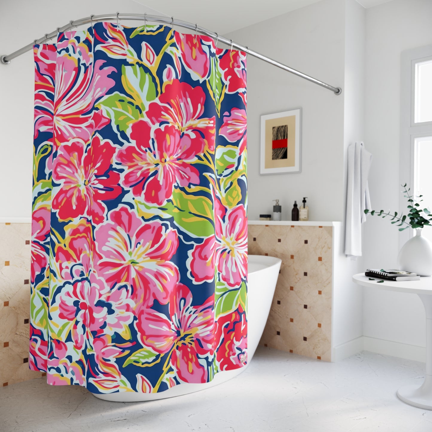 Pink Red Tropical Floral Shower Curtain | Navy Hibiscus Pattern