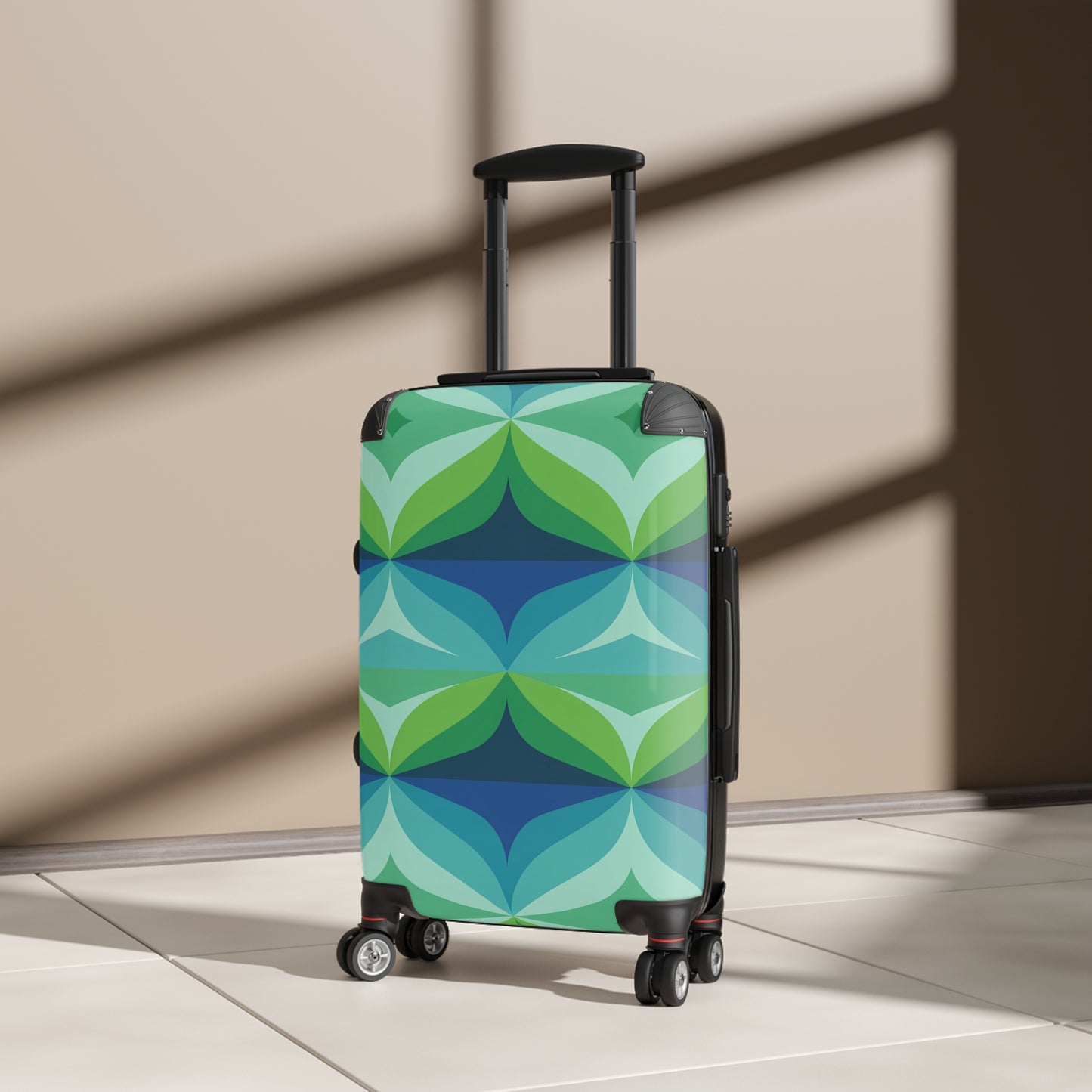 Retro Geometric Mid Century Pattern Suitcase | Green Blue Travel Luggage