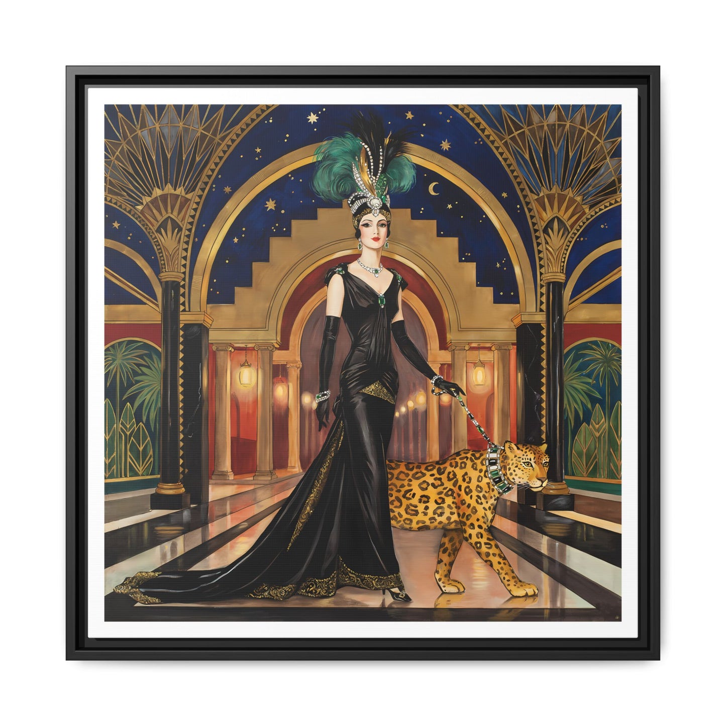 Art Deco Flapper with Leopard Canvas Framed Wall Art | Matte Print