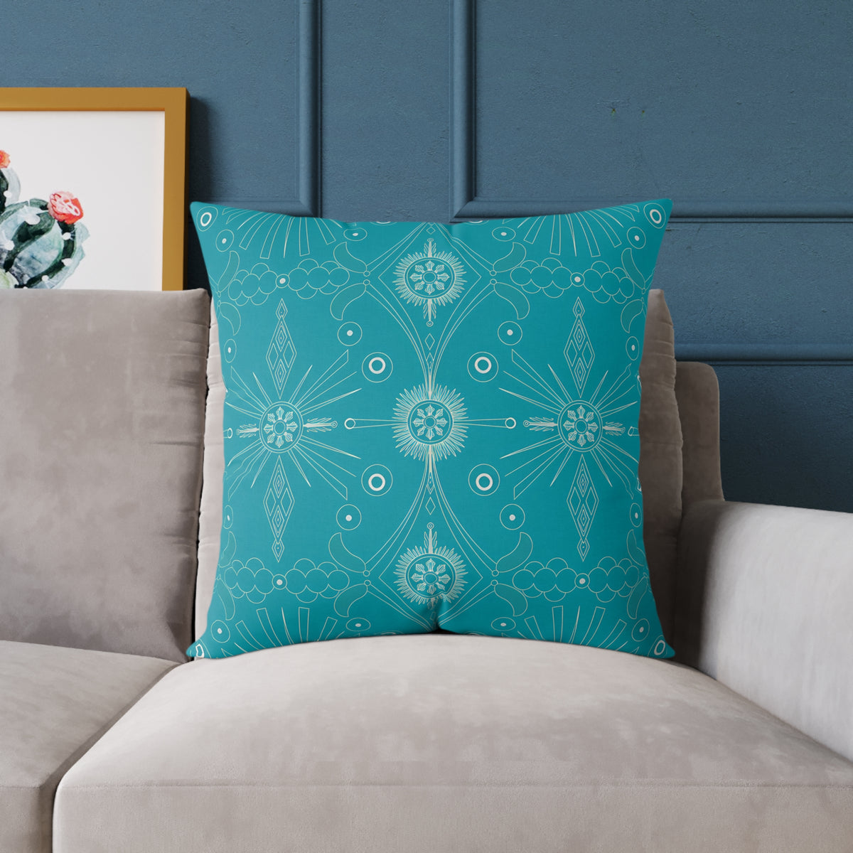 Turquoise Mandala Pattern Pillow | Square Poly Canvas Pillow