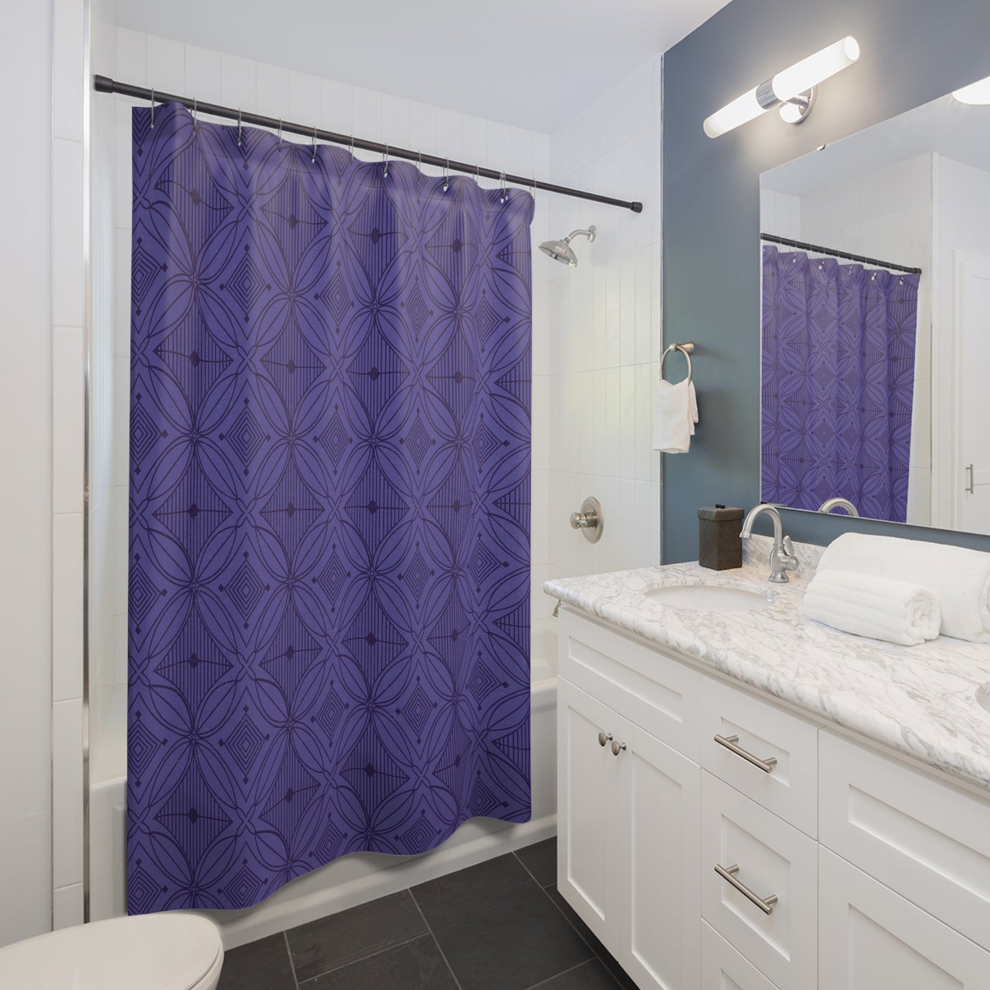 Geometric Floral Pattern Shower Curtain | Navy Purple Tile Motif