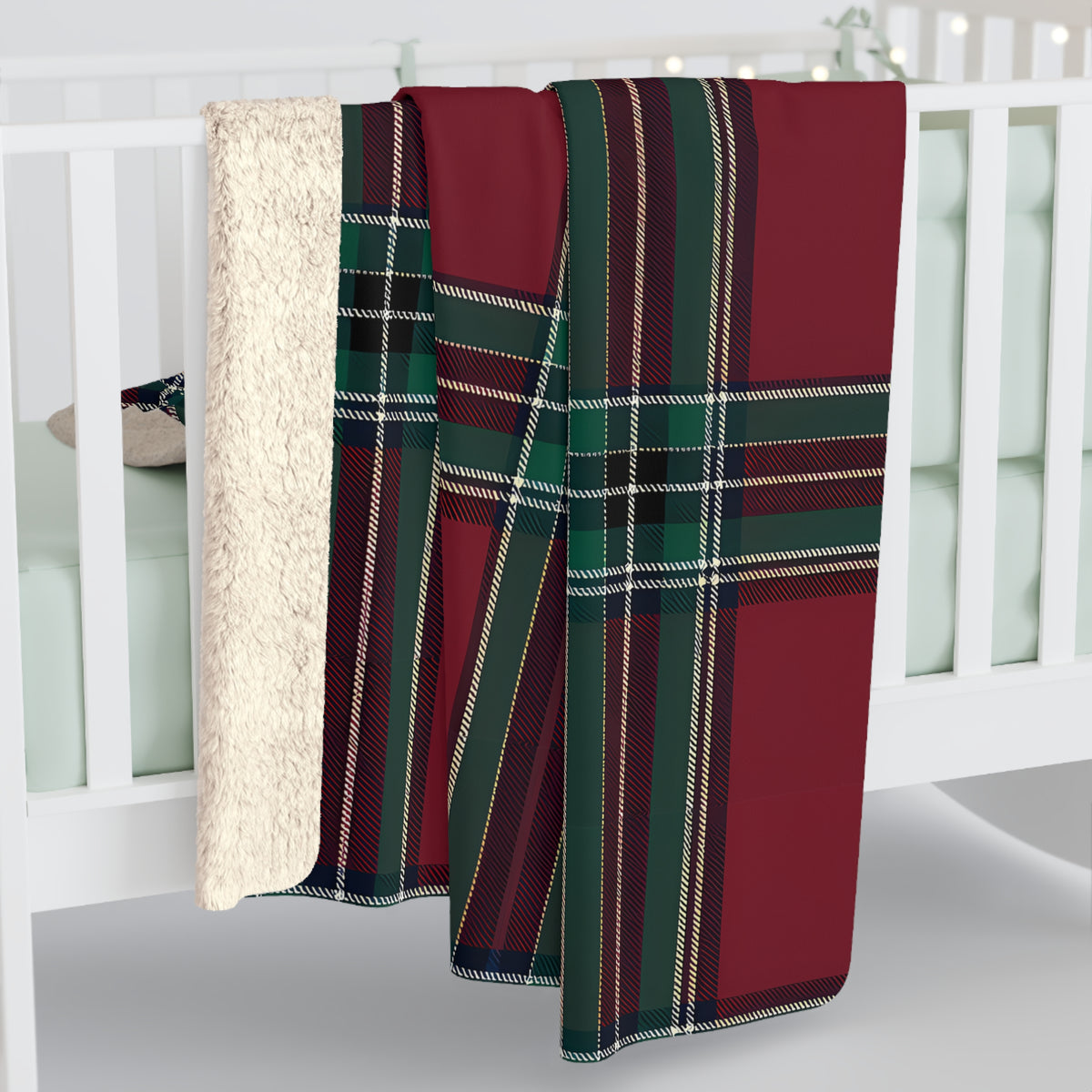 Red Green Black White Beige Tartan Plaid Sherpa Blanket | Cozy Holiday Plaid Throw