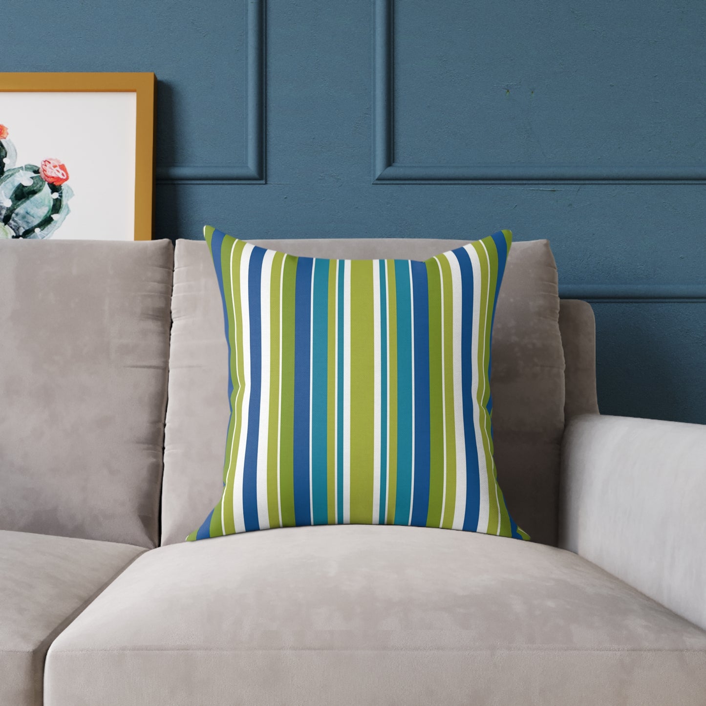 Blue Green White Vertical Stripe Square Pillow | Nautical Coastal Throw Cushion