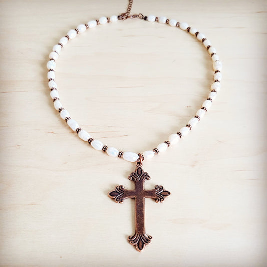Genuine Freshwater Pearl Collar Boho Necklace w/ Cross 263s