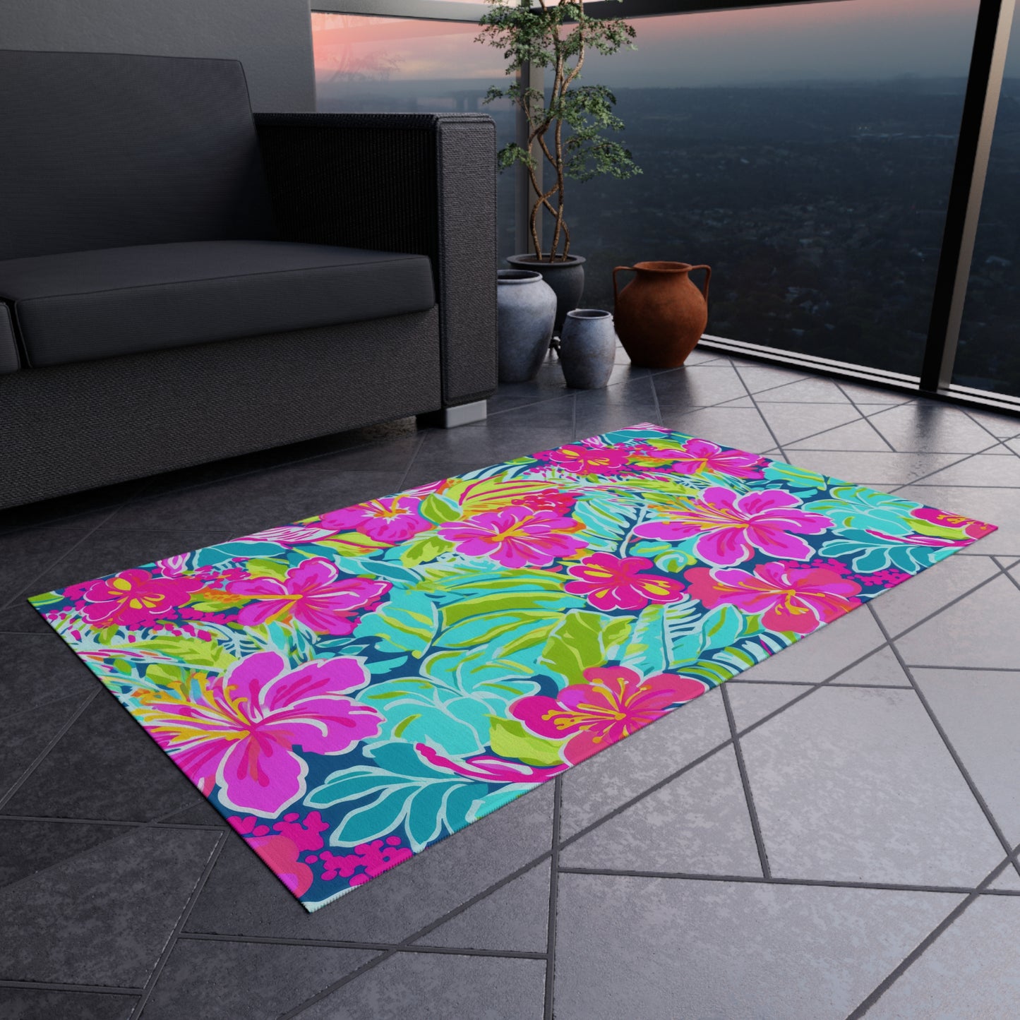 Tropical Hibiscus Floral Outdoor Rug | Bright Pink Teal Patio Mat