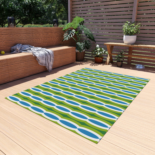 Blue Green Retro Geo Pattern Outdoor/Indoor Rug | Mid Century Modern Patio Mat