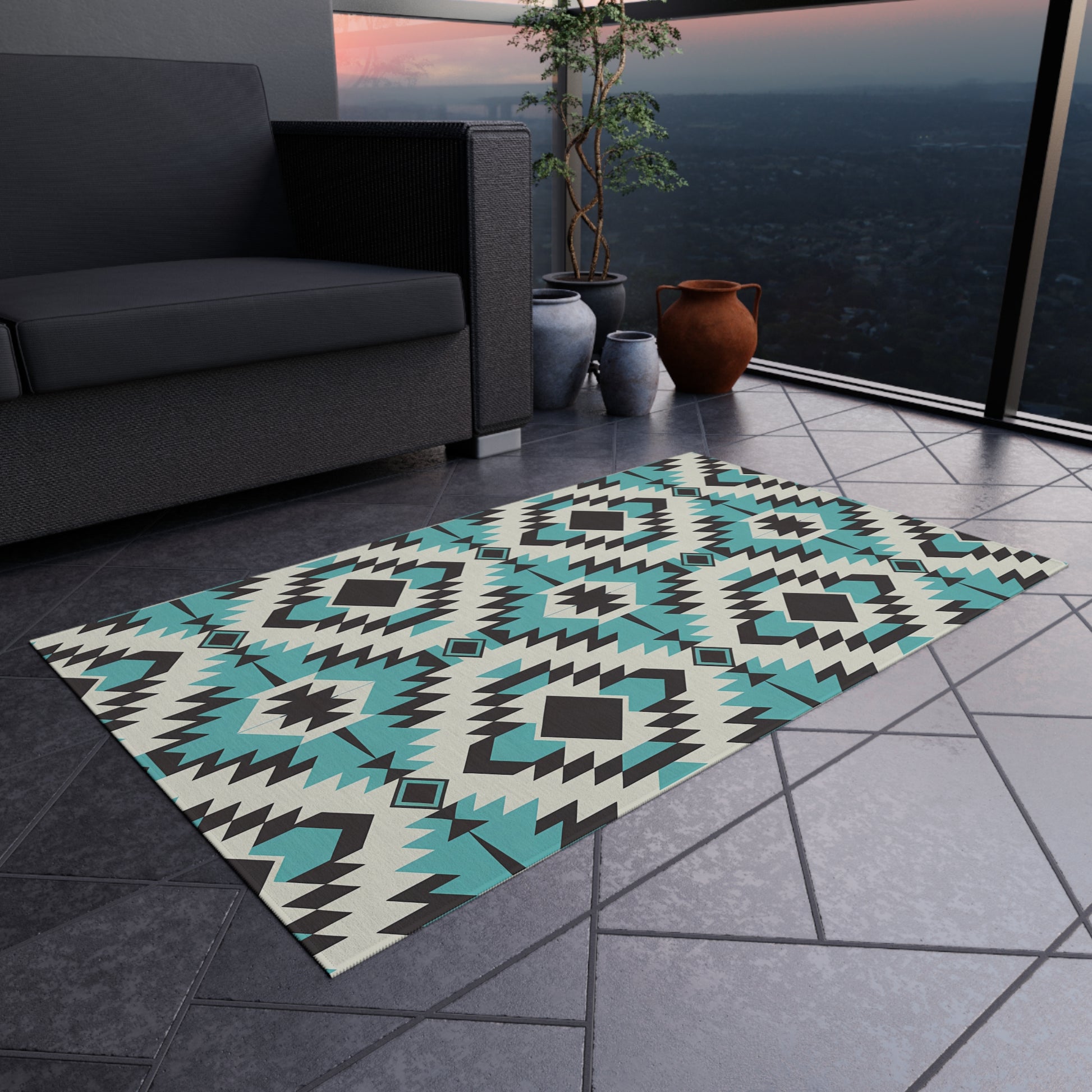 Turquoise, Black and White Stylish Outdoor Rug for Patios, Boho Decor, Area Mat, Deck Accessory, Indoor/Outdoor Use - LOLA VEGAS ART