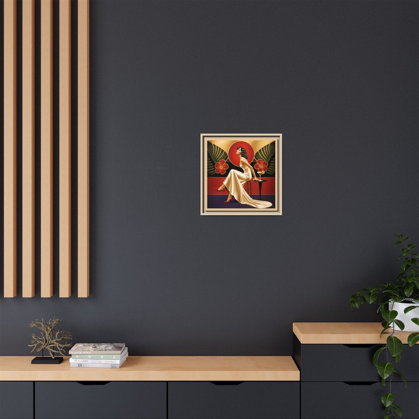 Art Deco Lady Red Green Beige Tropical Canvas Framed Wall Art | Matte Print
