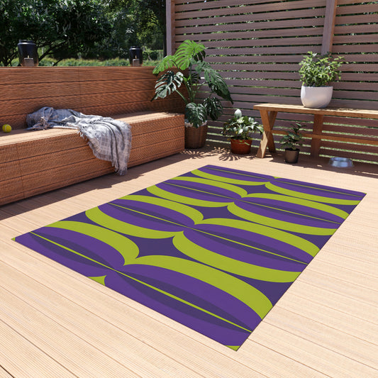Green and Purple Mid-Century Geometric Outdoor/Indoor Rug | Retro Pattern Patio Mat