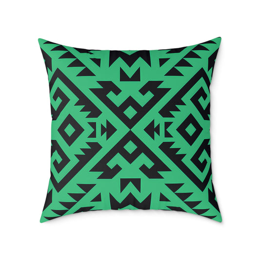 Green Boho Aztec Geometric Pattern Pillow | Square Poly Canvas Pillow
