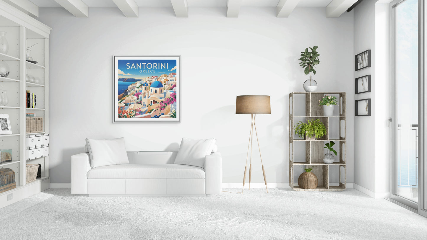 Santorini Greece Travel Art Matte Canvas Framed Wall Art