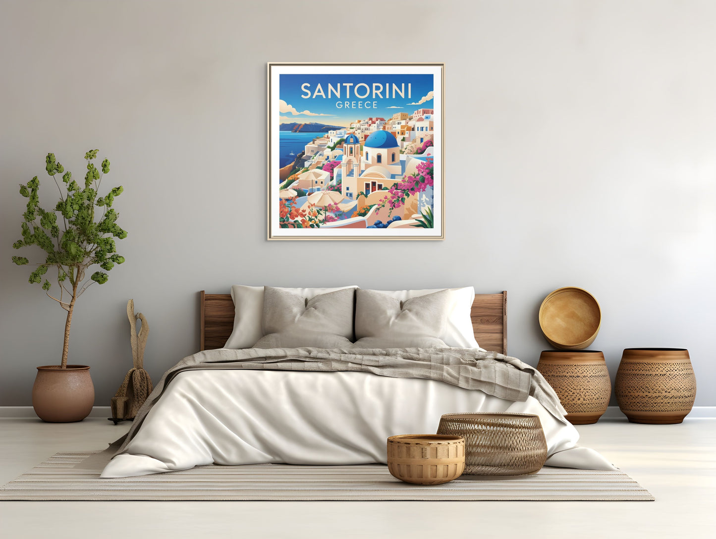 Santorini Greece Travel Art Matte Canvas Framed Wall Art