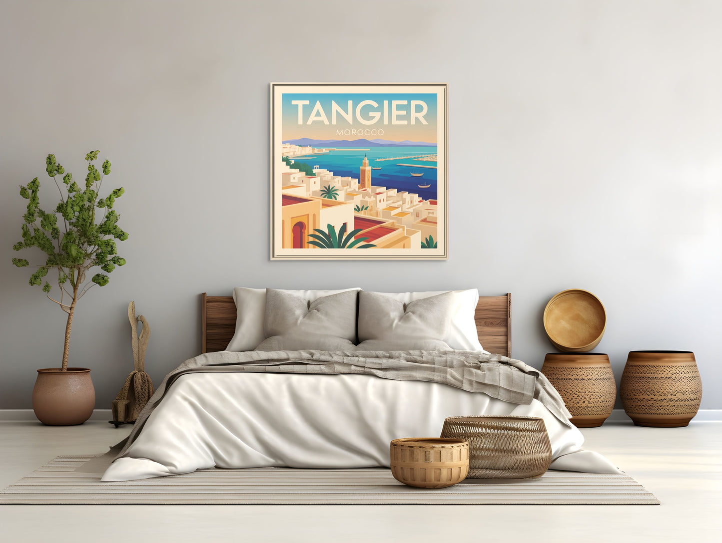 Tangier Morocco Travel Framed Wall Art Matte Canvas | Vintage Style Coastal Wall Art