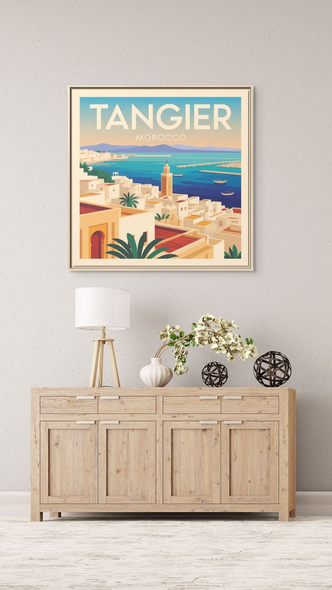 Tangier Morocco Travel Framed Wall Art Matte Canvas | Vintage Style Coastal Wall Art