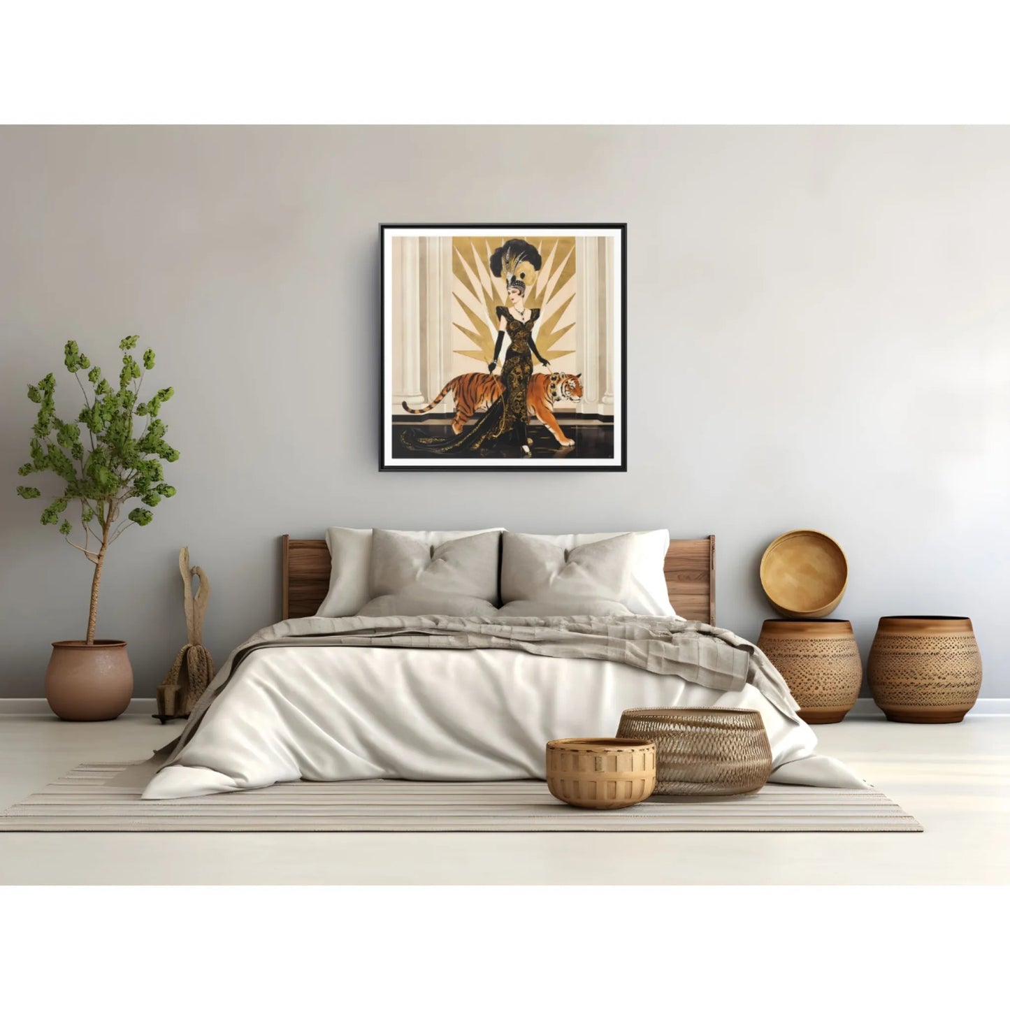 Art Deco Showgirl with Tiger Matte Canvas Framed Print
