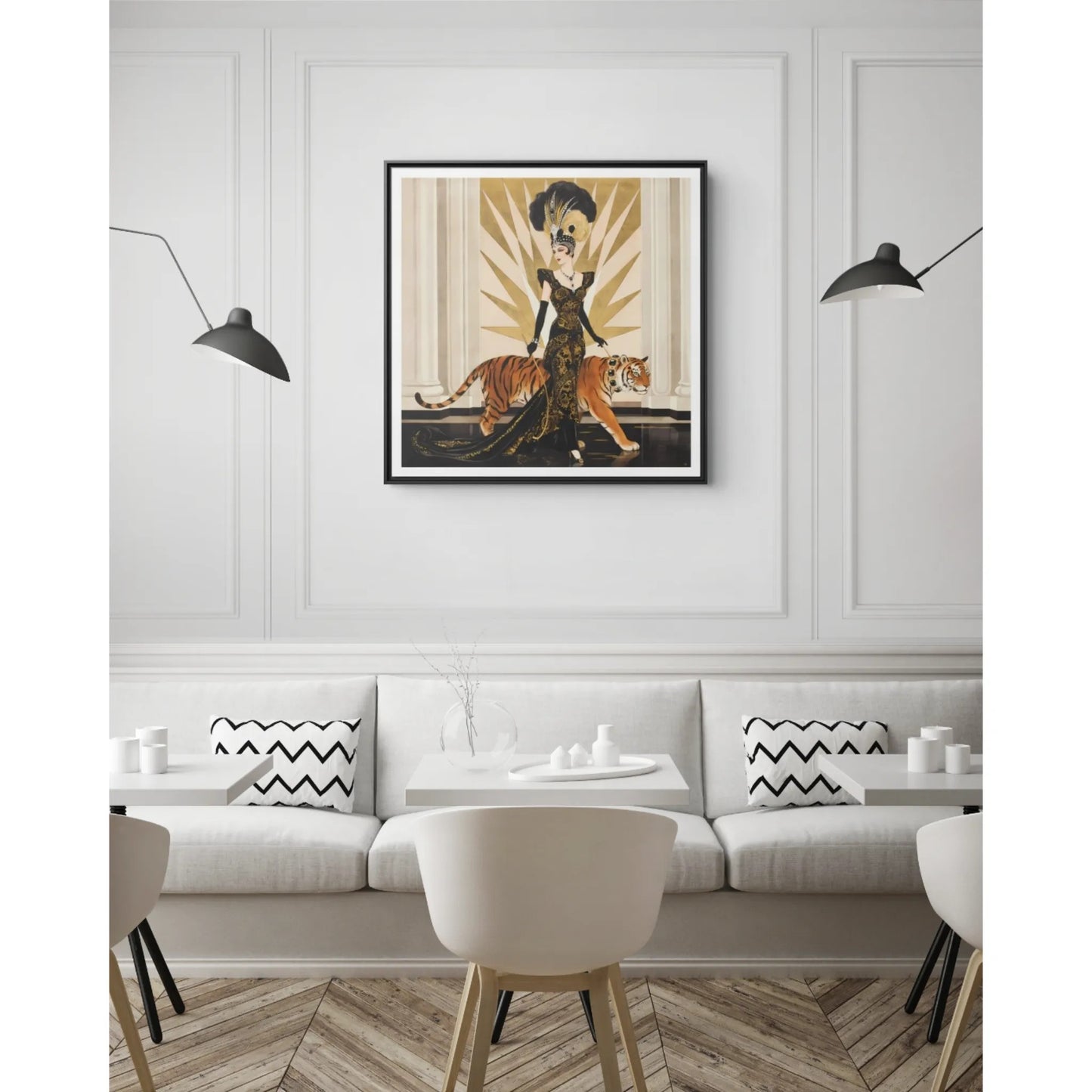 Art Deco Showgirl with Tiger Matte Canvas Framed Print
