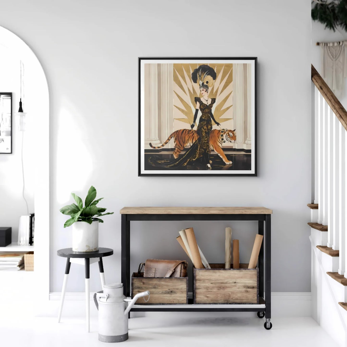 Art Deco Showgirl with Tiger Matte Canvas Framed Print