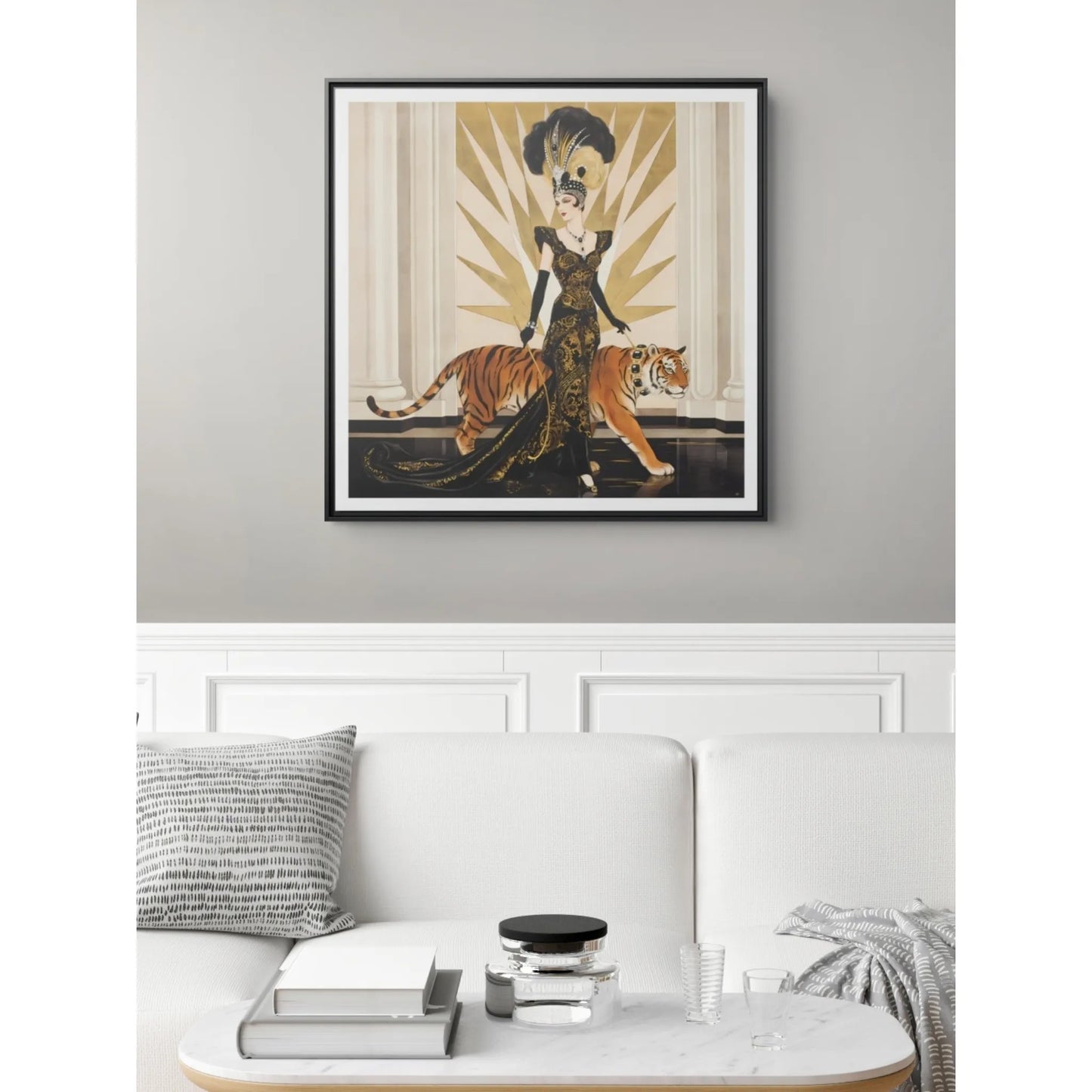 Art Deco Showgirl with Tiger Matte Canvas Framed Print